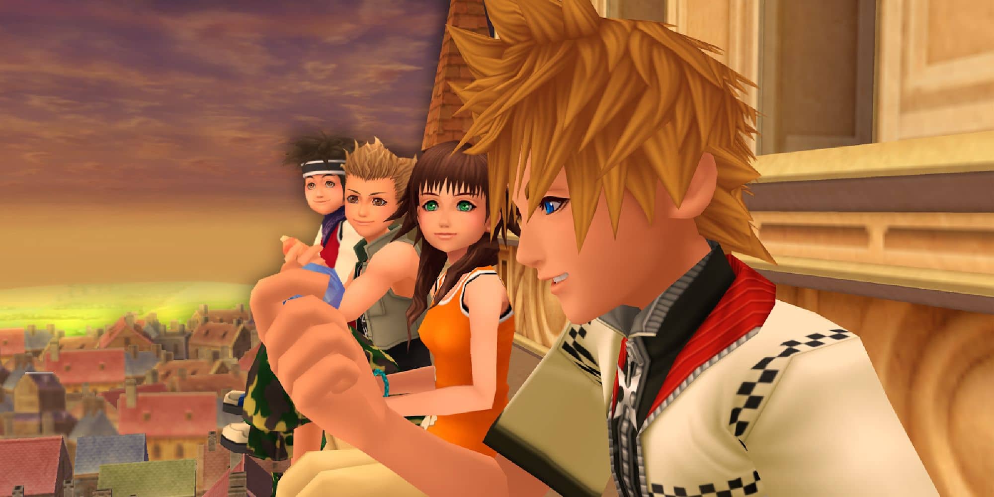 Roxas sentado en la torre del reloj al atardecer del verano con sus amigos en la Ciudad del Crepúsculo de Kingdom Hearts 2